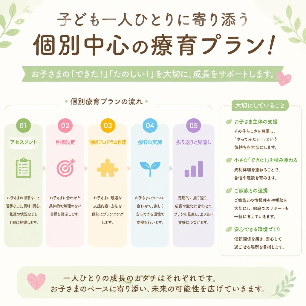 子ども一人ひとりに寄り添う個別中心の療育プラン！
