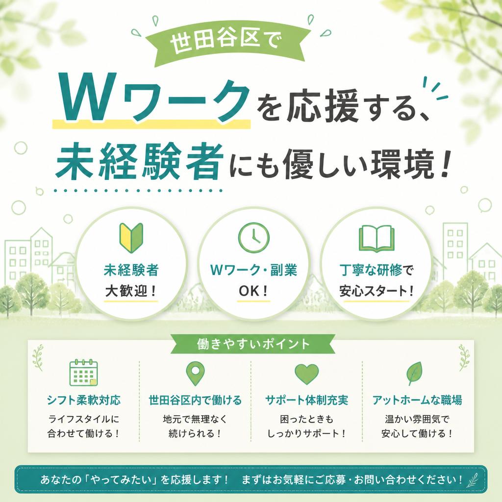 世田谷区でWワークを応援する、未経験者にも優しい環境！